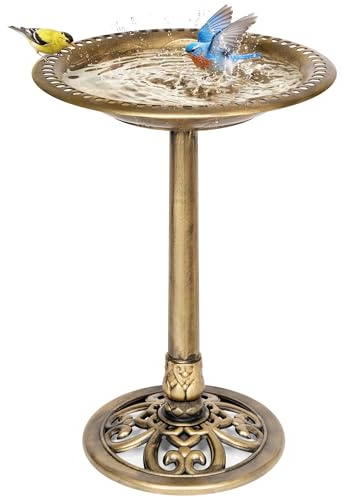 VIVOHOME Vogeltränke 71cm hoch Polyresin leicht antike Optik, Goldener | 2-in-1 Funktion aus Vogelbad und Futterstelle. Ausführung im antiken Design. Geeignet für Wildvögel zur Nutzung.