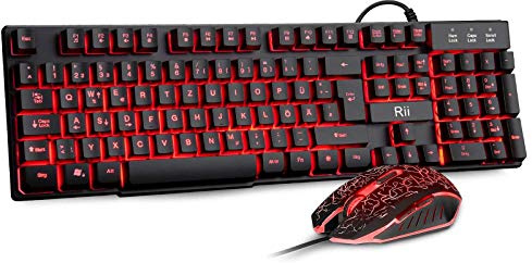 Rii Gaming Tastatur und Maus Set, 3 LED Hintergrundbeleuchtung, ideal für Gaming und Büro, Kompatibel mit PC (DE-Layout, Schwarz)
