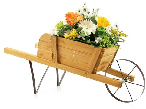 HOMASIS Blumenwagen Pflanzwagen mit 2 Griffen & Metallrad, Blumenkarre Holz, Blumentopf mit 9 magnetisch Zubehörteilen, Garten Deko, dekorativ Pflanzschubkarre für Innen & Außen, belastbar 5kg (Natur)