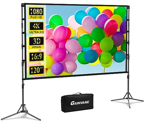 GAINVANE Projektor-Leinwand und Ständer, tragbare Projektor-Leinwand für drinnen und draußen, 16:9, 4K-HD, faltenfrei, leicht, Filmleinwand mit Tragetasche für Hinterhof-Filmabend, 304,8 cm (120 Zoll)