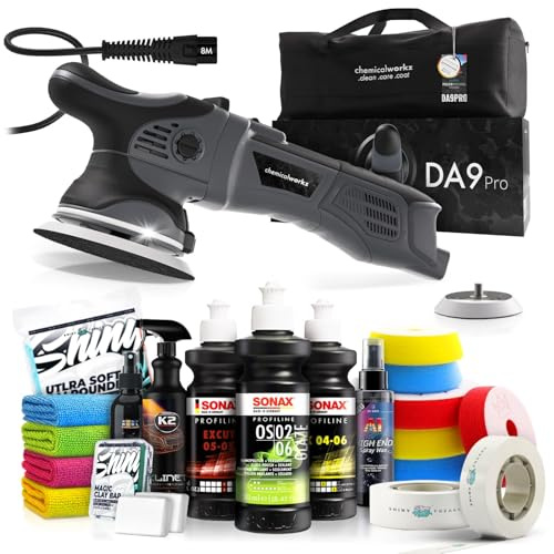 Poliermaschinen Set: chemicalworkz DA9 Pro Exzenter Poliermaschine + Sonax Politur Set + Royal Pads Premium Polierpads + Dr. Wack Versiegelung für Lack + Zubehör | 20-teilig