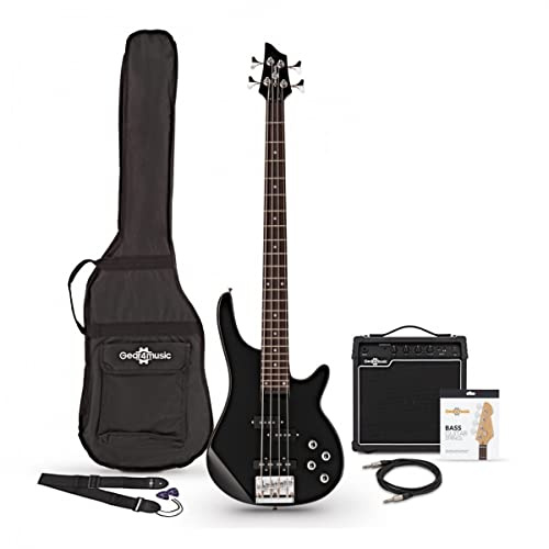Gear4music Chicago Bassgitarre Set mit 15W Verstärker für Anfänger | Für Anfänger und alle Levels, Single- und Split-Coil-Tonabnehmer für vielseitige Sounds, inkl. 15W-Amp, Gigbag und Kabel