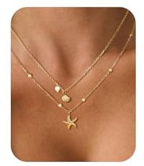 Muschelkette für Damen mit Seestern & Muschel Anhänger – Boho Perlenkette mit Edelstahl Kette, 14K Vergoldet Wasserfeste Layered Halskette Sommer Schmuck für Strandurlaub, Modeschmuckgeschenke