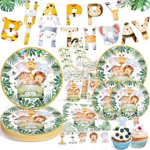 Ophy Dschungel Safari Partygeschirr - 134-teiliges Wild One Geburtstag Deko Set mit Tier-Geburtstagsbanner, Papptellern, Servietten, Bechern und mehr für 25 Gäste