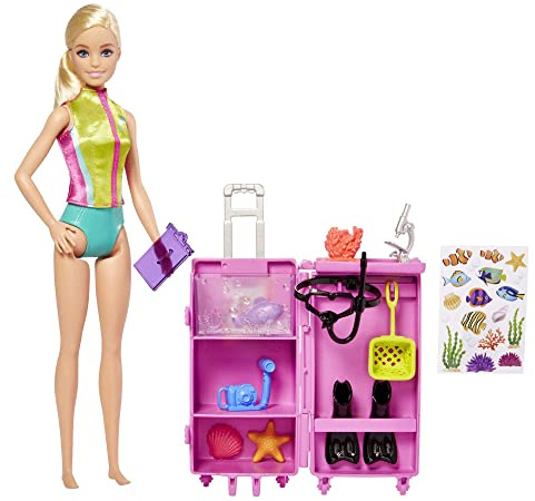 Barbie You Can Be Anything Serie, Meeresbiologin, 1x Puppe mit blonden Haaren, Badeanzug, Delphin, Accessoires, Geschenk für Kinder, Spielzeug ab 3 Jahre,HMH26