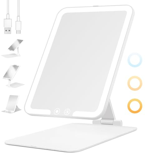 FANCYSEEU Kosmetikspiegel mit Beleuchtetung, Wiederaufladbar Touchscreen Schminkspiegel, 3 Farben Dimmbarer Faltbar Tischspiegel, Ultraschlank Tragbarer Reisespiegel mit Licht