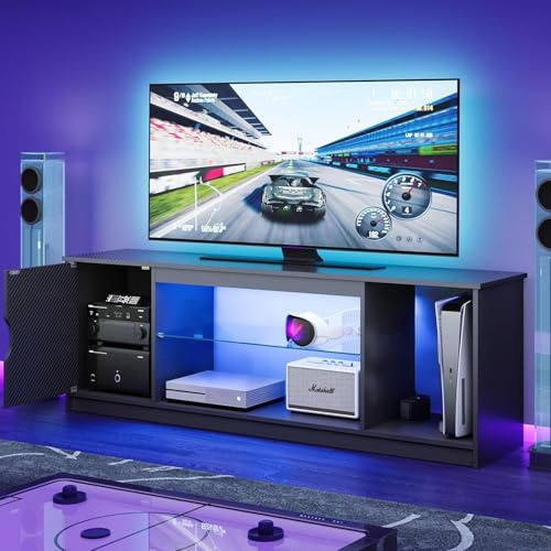 Bestier TV-Schrank 145x35x52 cm für Fernseher bis 65 Zoll mit RGB LED-Beleuchtung (22 Farben) & verstellbaren Glasböden - Lowboard für Wohnzimmer, Schlafzimmer (Schwarze Kohlefaser)