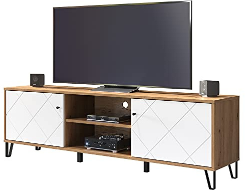 trendteam smart living - Touch - Lowboard - Weiß/Eiche - TV-Unterteil mit 2 Türen, 2 offenen Fächern - Fronten mit dekorativer Fräsung - (BxHxT) 183 x 56 x 40 cm - extravagante schwarze Metallfüße
