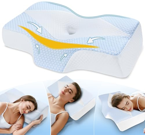Hypuno Nackenstützkissen gegen Nackenschmerzen, orthopädisches Kopfkissen, ergonomisches Memory Foam Nackenkissen mit 2 Höhen, Hohlraum & kühlendem Bezug, für Seiten- und Rückenschläfer - Hellblau