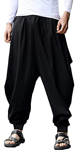 YAOHUOLE Haremshose Herren Leinenhose Baggy Pumphose Loose Fit | Freizeithose Herren mit Elastischem Bund Knöchelbündchen und 2 Taschen für Yoga Sommer Strand Reise Urlaub und Alltag