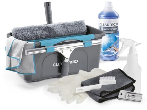 CLEANmaxx Fensterreiniger Set Professional, 13-TLG. | Profi Fensterputzer Set mit Abzieher - für Haus, Auto und Co. | inklusive Fensterwischer, Fensterabzieher, Eimer, Konzentrat, Mikrofasertuch etc.