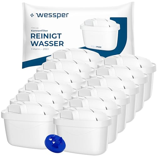 Wessper Wasserfilter Kartusche, Filter mit Aktivkohle und Ionenaustauscherharz, Zusätzlicher PIN Kompatibel mit Brita-Kanne, Ersatzfilter für Kanne von Dafi, Wessper, Aquaphor, Philips - 12 Stück