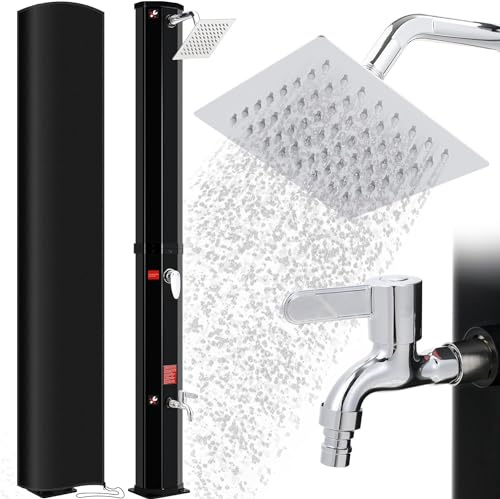 Solardusche, Solar Gartendusche 40 Liter inkl. 360° Duschkopf, Wasserhahn, Gartenschlauch-Anschluss & Schutzhaube, 4PCS Bodennägel, Pooldusche Camping, warmes Wasser, bis 60°C, ohne Stromanschluss