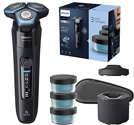 PHILIPS Shaver Series 7000 - Elektrischer Nass- und Trockenrasierer für Herren mit ausklappbarem Trimmer, Reinigungsstation, 4 x Reinigungskartuschen, Ladestation & Reiseetui (Modell S7783/63)