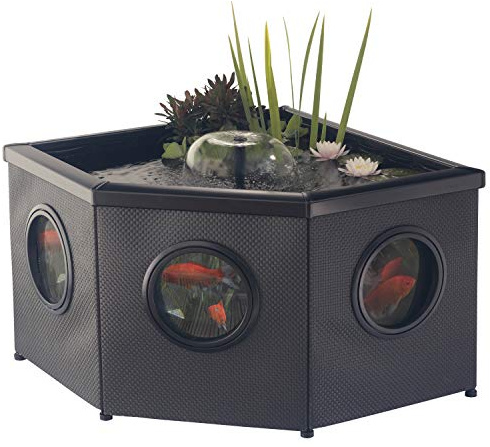 Aquagarden Raised Window Pond Corner Mocha | Hochteich mit Sichtfenster, Inpond Pumpe & Filter, Pflanzkorb, Wasserspiel | stilvoller Eckteich für Garten, Terrasse & Hof