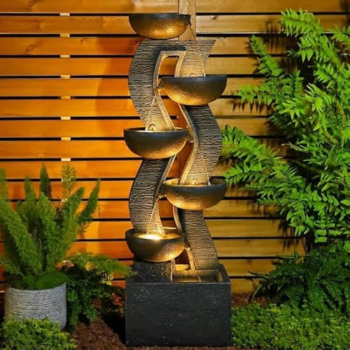 Sunlinua Moderner Krug-Gartenbrunnen und Wasserfall mit LED-Beleuchtung – Kaskadierendes Wasserspiel für Garten, Terrasse oder Veranda, großer freistehender Gartenbrunnen aus Harz, 135,5 cm