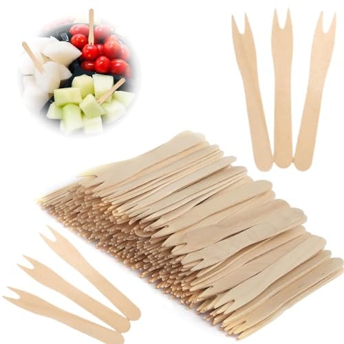Lonimia 200 Stück Pommesgabel,Pommespieker aus Holz Holzbesteck,Holzbesteck,Holzgabel,Holzgabeln,Holzmesser,Partybesteck Pommes Frites Gabeln Partygeschirr für Party Geburtstag Camping und Picknick