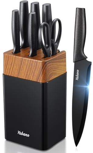 Yabano Messerblock Set, 7 teilig Messerset mit Messerblock und integriertem Messerschärfer,Küchenmesser Set mit Kunststoffblock (Schwarz)