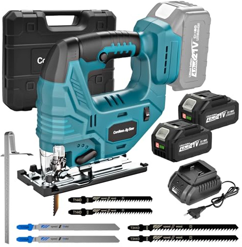 Yofuly Akku Stichsäge Kompatibel mit Makita 18V Akku, 7 Variable Geschwindigkeiten 3200SPM ±45°Schnittwinkel, Elektro Pendelhubstichsäge mit 2x4.0Ah Akkus, 6 Blätter für Holz/Kunststoff/Metall