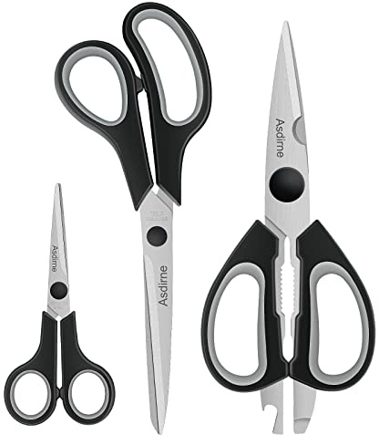 Asdirne Schere, Küchenschere mit Scharfen Edelstahlklingen und Weichen Griffen, Multifunktionales Scheren-Set, 3Pcs, Schwarz/Grau