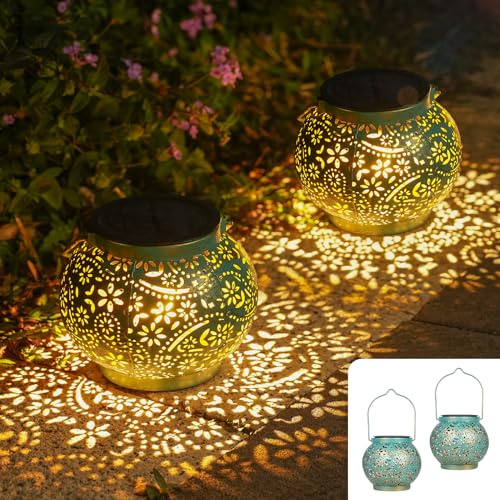 Geschenke für Frauen, JOYCREATOR Solarlaternen für Außen 2 Stück, IP65 Wetterfest Solar Laterne für Draußen Hängend, Orientalische Solarlampen Metall für Außen Garten Deko Balkon Terrasse (Türkis)