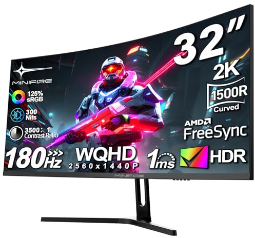 Minifire Gaming Curved Monitor 32 Zoll 180Hz, 2K WQHD(2560 x 1440), 1500R,1ms(MPRT), AMD FreeSync, sRGB 125%, VESA，2xHDMI 2.0 / 2xDP (180Hz), Augenpflege - MFG32C3Q