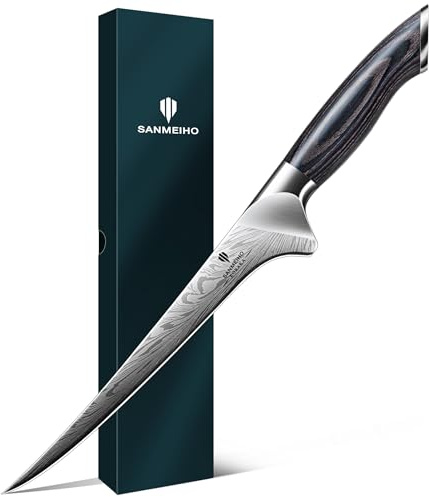 SANMEIHO Filetiermesser Fisch 18cm Pulverstahl, Japanisches Küchenmesser | Profi Fischfiletiermesser Hoher Kohlenstoffgehalt Ultrascharf, Ausbeinmesser Pakkaholz-Griff