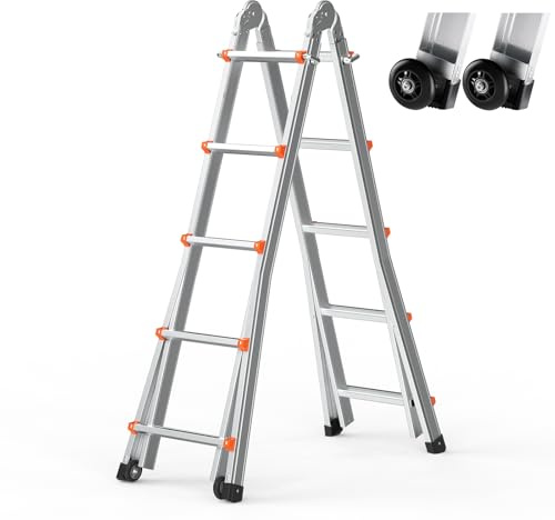 VEVOR Teleskopleiter mit A-Rahmen, 5,1 m Lange, kompakte Aluminium-Ausziehleiter, multifunktionale, Wohnmobilleiter, Teleskopleiter für Hausaufgaben, Treppen, Innen- und Außendächer, 150 kg Tragkraft