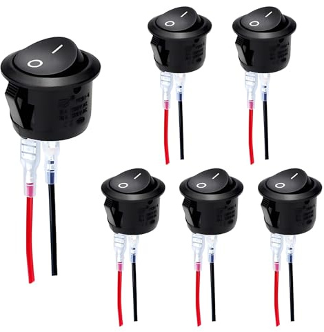 MejaRizon 6 Stück Kippschalter mit Draht 15cm, Runder Selbstsichernder, 12V/10A/230V 2-Polig EIN/AUS Rund Schalter für Auto, Wohnmobil, Motorrad & Haushaltsgeräte (Schwarz)