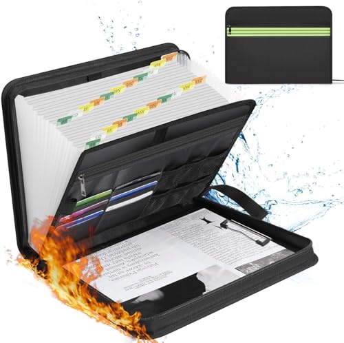 Feuerfester Fächermappe A4,Feuerfeste schreibmappe mit Reißverschluss und Etiketten,feuerfeste dokumentenbox mit 24 Fächern und mehreren Fächern für A4 Dokumentetasches, Passport Geld Wertsachen