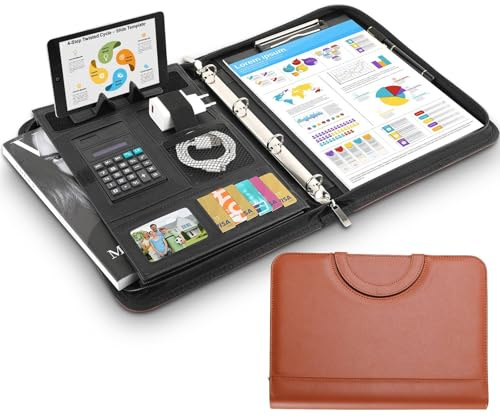 Schreibmappe A4, Konferenzmappe mit Handyhalter, Leder Dokumentenmappe mit Reißverschluss, Wasserdicht Aktenmappe mit Ringbuch Klemmbrett Notizblock, Portfolio Mappe für Business Meeting, Braun