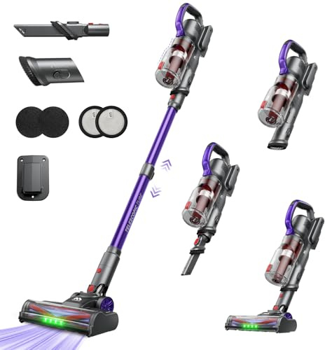 AlloyMove Akku Staubsauger Kabellos 48000Pa/450W/65Min, Leichter Staubsauger mit V-Anti-Tangle-Bürste mit LED-Licht, 65dB Ultra Leise, Selbststehend für Tierhaare Teppiche Hartböden A03