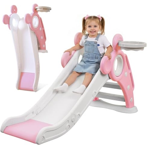 YOLEO Rutsche, Kinder Fun-Slide mit Basketballkorb, Faltbar Kinderrutsche, Gartenrutsche Kleinkinderrutsche für 1-3 Jahre, Indoor & Outdoor Rutschbahn mit Rutschauslauf (Rosa)
