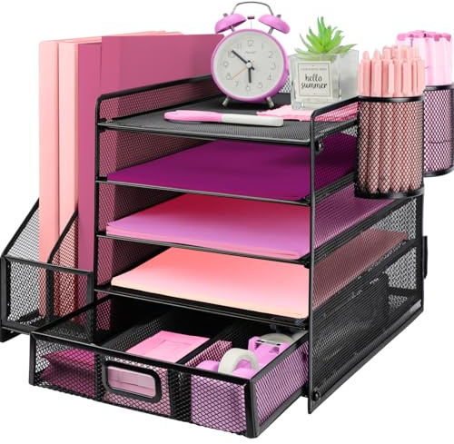 ideallife Schreibtisch Organizer Ablage aus Metall, 5 Ebenen Papier Briefablage mit Aktenhalter, Mesh Schreibtisch Akten Organizer mit Zeitschriftenhalter für Büro Dokumentenablage (Schwarz)