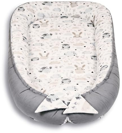 PaLulli 120x60 cm Babynest Babynestchen XXL Babykokon 2seitig 100% Baumwolle Kissen Nestchen für Babybett Reisebett für Baby und Säugling Feathers (Owls)