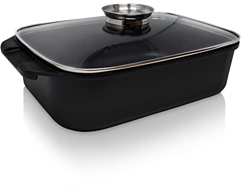 Krüger Aluguss Aromabräter Delta oval 34,5 cm 5,5 L | Bräter mit Aromaknopf | Antihaft-Versiegelung | Induktionsgeeignet | Backofenfest bis 180°C | Für Gans, Ente & Braten | Saftige Schmorgerichte