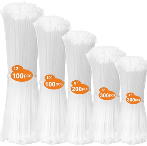DUNSOO Kabelbinder-Set: 1000 Stück, 100-300mm, UV-beständig, Chemisch resistent, Starke Zip Ties (Weiß)