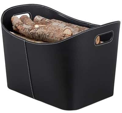 Relaxdays, schwarz Kaminholzkorb Kunstleder XL, stabiler Feuerholzkorb mit Tragegriffen, für Brennholz & Zeitungen, oval, 80% Pappe