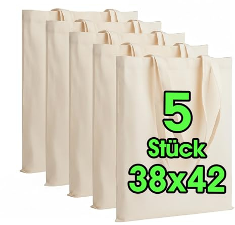 5 STÜCK Baumwolltaschen Natur (5er Set 38x42) ORIGINAL ÖKO-TEX® - GEPRÜFT | Markentasche, Lange Henkel, Jutebeutel, Jute Stoffbeutel, Einkaufstasche, Stoff Taschen aus 100% Baumwollstoff