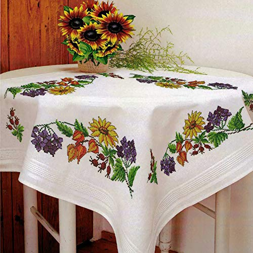 KAMACA Stickpackung Tischdecke Sommerzeit Kreuzstich vorgezeichnet aus Baumwolle Stickset mit Stickvorlage (Mitteldecke 80x80 cm)