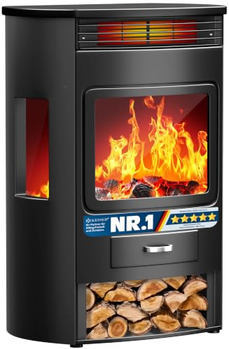 KESSER® Prio Elektrokamin mit Heizung Heizlüfter Fernbedienung WiFi App 950/1900 W Kamin elektrisch LED-Flammeneffekt Kaminfeuer mit Thermostat Panorama-Sichtfenster Heizfunktion Timer
