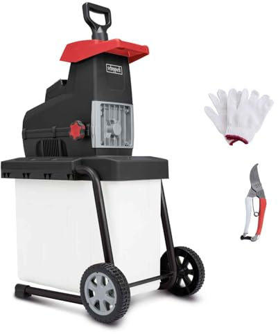 Scheppach GS60 Elektro Gartenhäcksler + Fahrvorrichtung - 2in1 Leisehäcksler | 2800W Leistung | Schnittstärke 45mm | 60L Fangbox | Selbsteinzug & Rücklauf | mit Nachstopfer, Handschuhe & Gartenschere