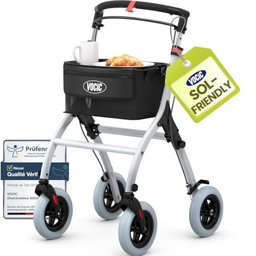 VOCIC Z32 Rollator Schmal für Wohnung,Indoor Rollator Faltbar und Leicht,Stabiler Wohnungsrollator mit Spuer Leiser Anti-Rutsch Reifen,Rollatoren für Senioren Klappbar Tablett,Weiß|5 Jahre Support