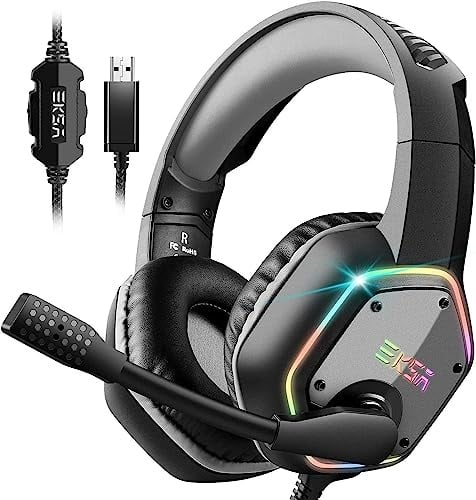 EKSA E1000 USB PC Gaming Headset mit Mikrofon, Gamer Headset mit Bass Surround Sound, RGB Beleuchtung, Gaming Kopfhörer mit Mic für PS4/PS5 Konsole/Computer/Laptop