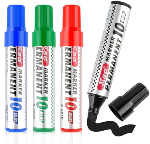 Permanent Marker, 4 Farben Stifte Dicke Spitze, Keil-Spitze Wasserfest | 3-10 mm Wasserfeste Stifte, Permanentmarker, Flipchart Stifte, Wischfest Schnell-Trocknend für Glas, Kunststoff, Metall, Holz