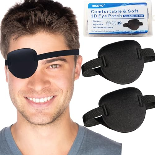 RIKEYO 2er-Pack Schwarze Medizinisch Augenklappen für Erwachsene und Kinder, 3D verstellbare Augenklappe für rechtes oder linkes Auge, Piratenkostüm augenklappe (2 Black)