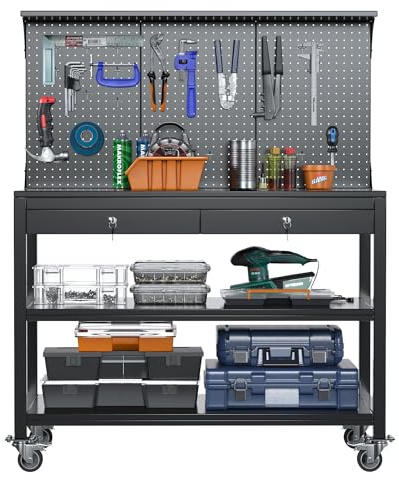 SUPEER Werkbank Metall Bewegbarer mit Hochfeste Räder und Pegboard | 1500 x 1000 x 530 mm - 500 kg Tragkraft - 2 verriegelbare Werkzeugschubladen,Heavy Duty Stahl Arbeitsbank/ Werktisch