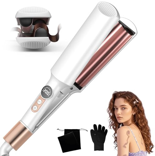 UKLISS Welleneisen, Pro Mini Welleneisen für Haare LCD-Anzeige 120-210℃, Reisegröße Beach Waves Lockenstab, Mermaid Hair Waver für Wellen Haare - Leichter Wellen Lockenstab, Mini-Locken (Rose Weiß)