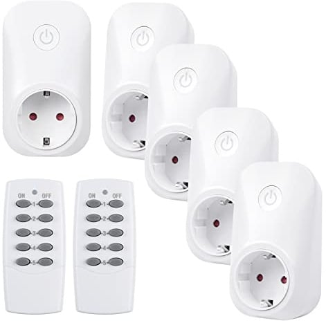 HBN Funksteckdosen Set aus 5 Steckdosen mit 2 Fernbedienungen, 3680W Ferngesteuerte Stecker für Innen Weihnachtsdeko, Haushaltsgeräte, Reichweite 30m, Weiß