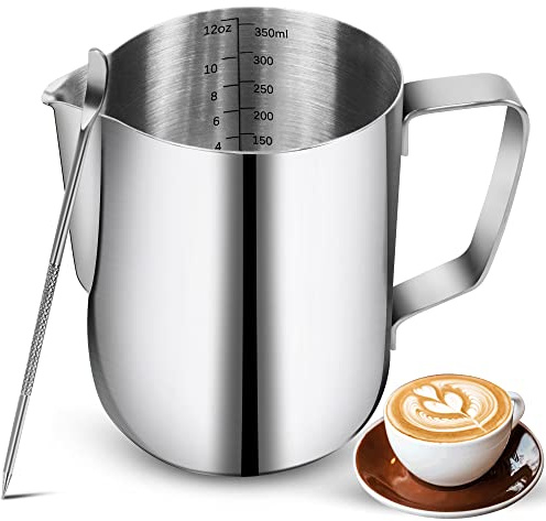 Milchaufschäumkrüge, 340 ml, Edelstahl-Espresso-Dampfkrüge mit Dekorationsstift, Kaffee, Milchaufschäumer, Tasse mit Skala, Cappuccino, Latte, Art, Barista, Dampfkrüge, Milchaufschäumer Tasse